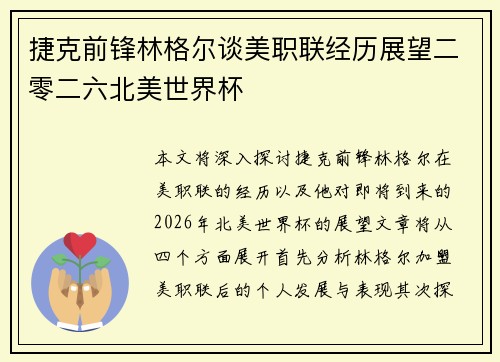 捷克前锋林格尔谈美职联经历展望二零二六北美世界杯